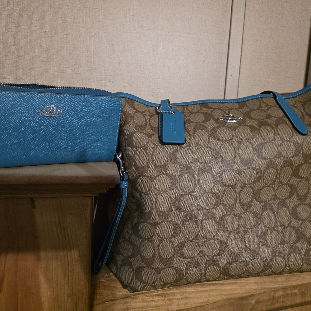 Coach Signature Canvas Tote with Blue Accents